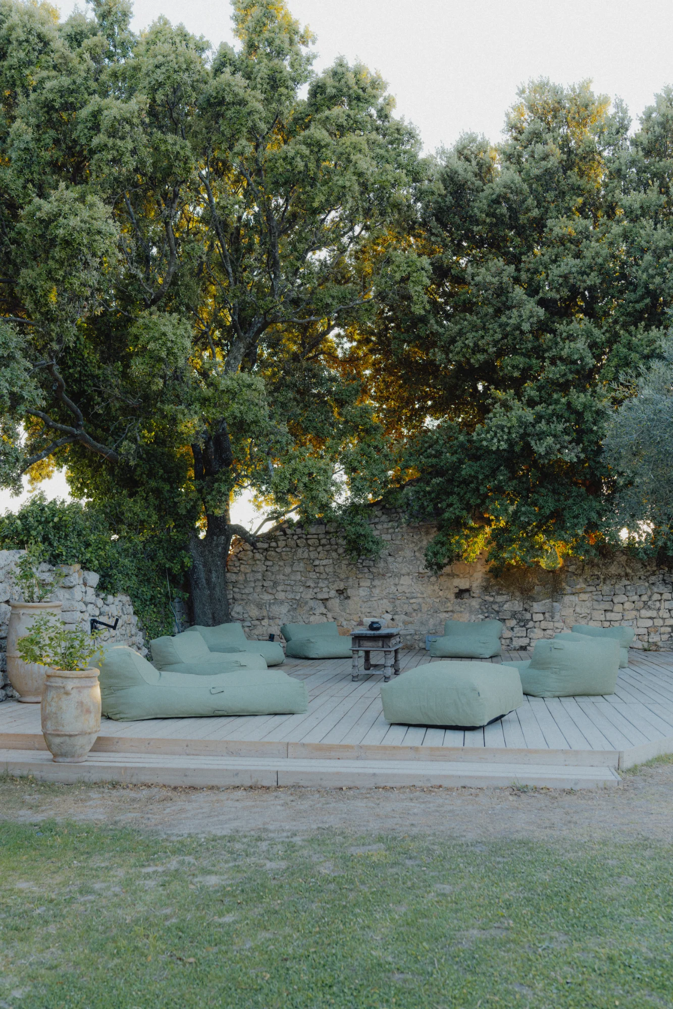 Un salon d'extérieur à l'ombre d'un grand arbre